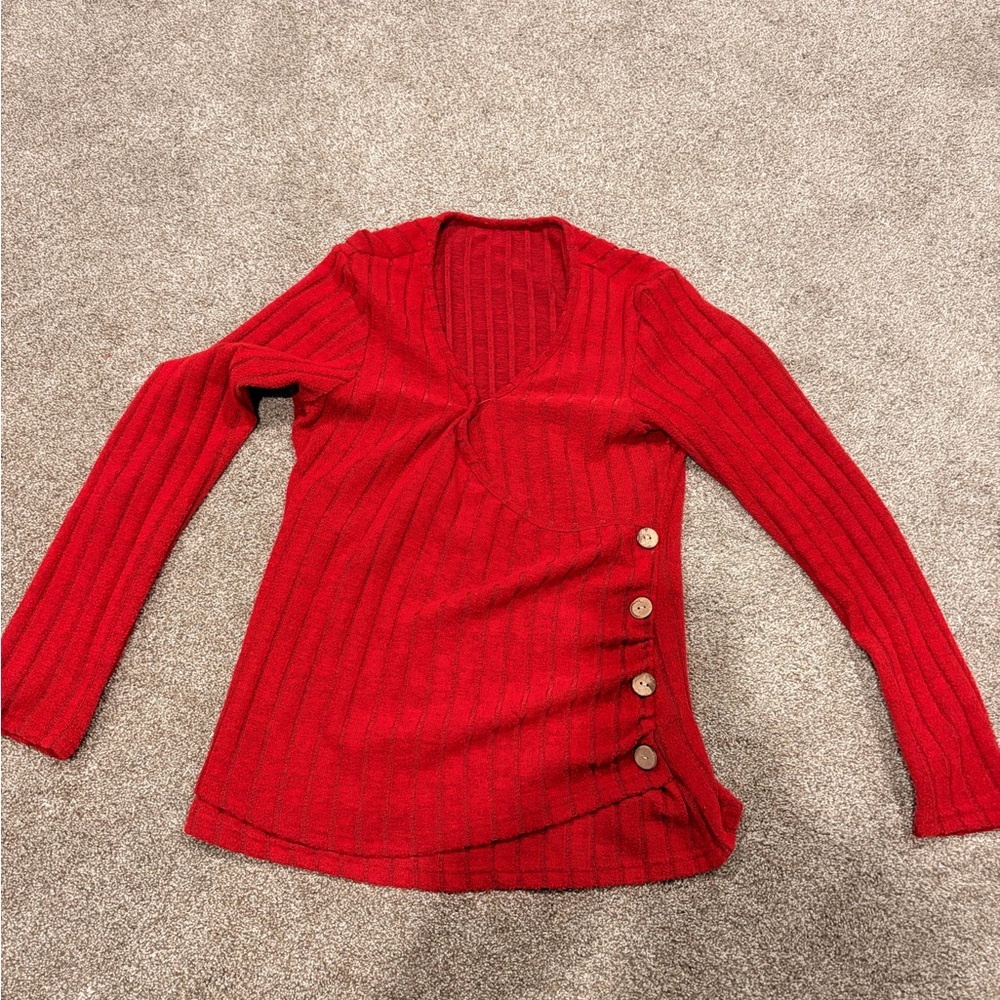 SHEIN Red Ribbed V-Neck Side-Button Knit Sweater
